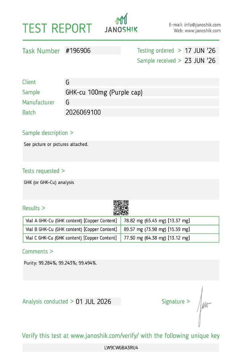 Primera hoja del certificado de GHK-Cu 100 mg