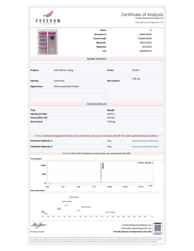 Primera hoja del certificado de MOTS-c 10 mg