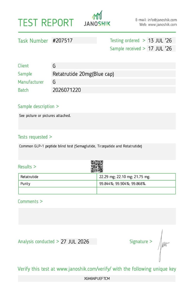 Primera hoja del certificado de Retatrutide 20 mg