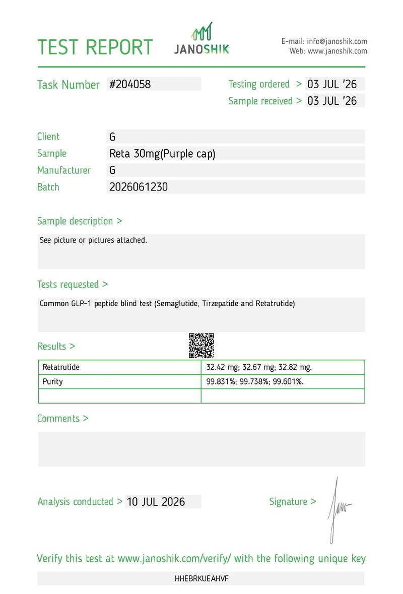 Primera hoja del certificado de Retatrutide 30 mg