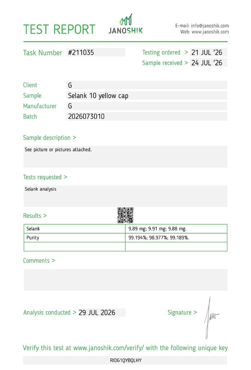 Primera hoja del certificado de Selank 10 mg