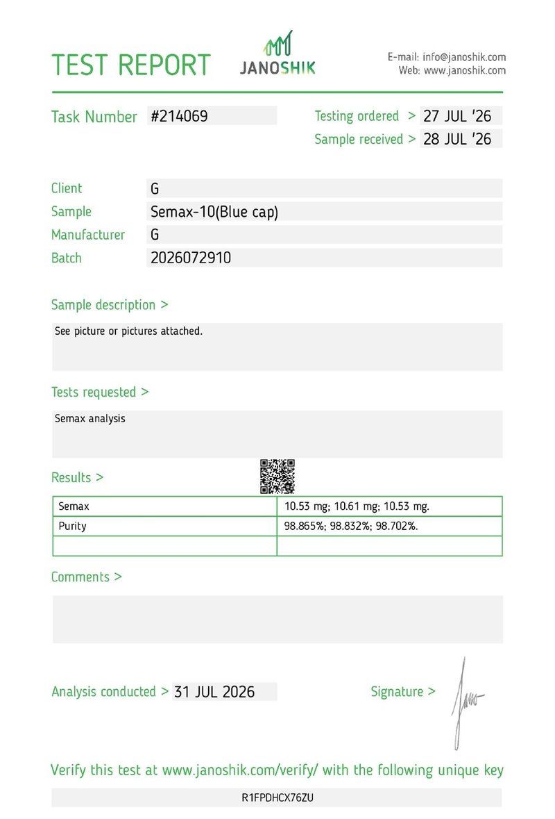 Primera hoja del certificado de Semax 10 mg